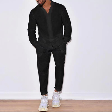 Men's clothing sports suit Linen casual long sleeve fashion cargo pants suit_voghion.com