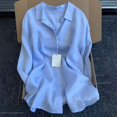 Women's Clothing Linen Casual Cotton And Linen Lapel Sun Protection Tops Summer New Thin Shirt Shirt Cardigan Jacket Loose Long Sleeves_voghion.com