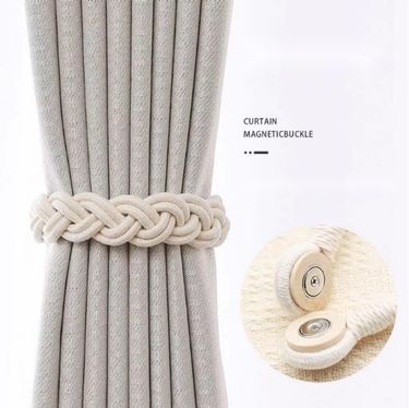 New Simple Style Natural Wood Braided Cotton Rope Curtain Tiebacks Drilling No Installation Buckle Magnetic Attachment_voghion.com