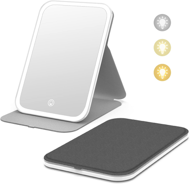 Travel Makeup Mirror, Portable LED Lighted Makeup Mirror, 3-Color Dimmable Lighting, Rechargeable Tabletop Folding Cosmetic Mirror_voghion.com
