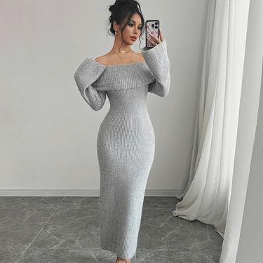 "Women’s Long Sleeve Sweater Dress – Elegant Maxi Skirt With Slim Fit (XS/M/L/XL, Greyish)"_voghion.com