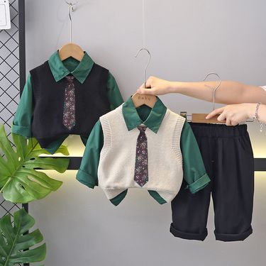 Boys' outfit 2024 new spring and autumn sweater vest three piece set 1-5 years old baby stylish children's clothing 3_voghion.com