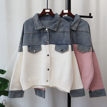 Women's Clothing autumn and winter new splicing denim knitted cardigan loose contrast color casual temperament sweater jacket for women_voghion.com