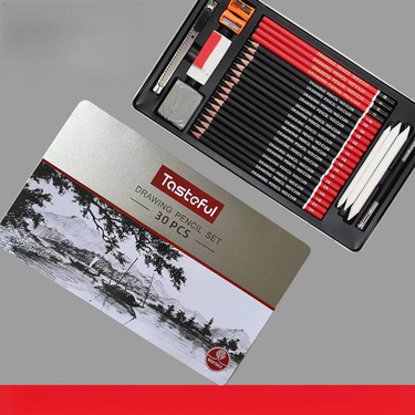 30-Piece Sketching Set With HB & 2B Pencils, Charcoal Pencils, And Metal Case – Perfect For Artists & Students_voghion.com