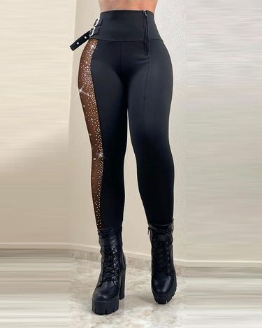 Women's clothing ready-made fashion positioning mesh hot diamond stitching Japanese buckle high-waisted tights_voghion.com