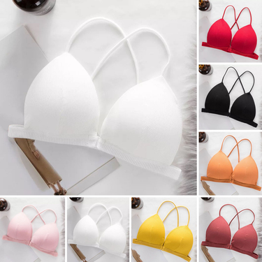 Weizhifu Women Solid Color Simple Bra Triangle Cup Thin Straps Wrapping Chest Front Buckle Wireless Ribbed Bra Sexy Sports Cross Back Bra_voghion.com