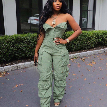Women's Clothing New Fashion Sexy Tube Top Single Breasted Multi Pocket Workwear Jumpsuit_voghion.com