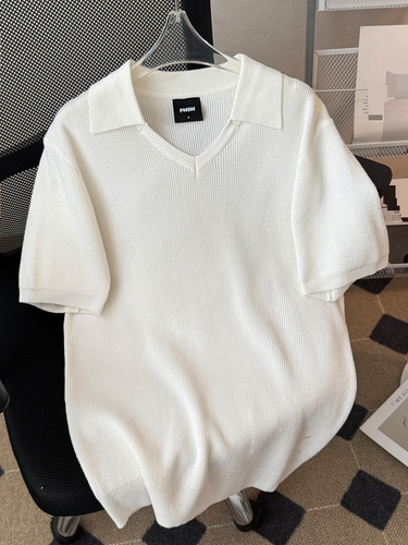 Summer Thin Ice Silk Knitted Short Sleeved T Shirt Men's Lapel Casual Trendy Sports Breathable Youth Handsome T Shirt_voghion.com