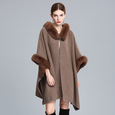 Women's clothing imitation rex rabbit fur collar hooded shawl cloak large size woolen coat loose cardigan women_voghion.com