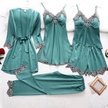 New Imitation Silk Pajamas Sexy Lingerie Five Piece Suspenders Sexy Ladies Home Clothes_voghion.com