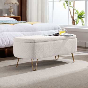 Ivory White Storage Ottoman Bench For End Of Bed Gold Legs, Modern Ivory White Fur Entryway Bench Upholstered Padded With Storage For Living Room Bedroom_maomaolike.com