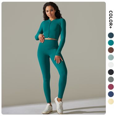 New seamless threaded zipper fitness sleeved suit, abdominal and hip lifting leggings, yoga long set_voghion.com