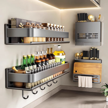 Gun Grey Kitchen Wall Organizer – No-Drill Spice Rack, Multi-Layer Shelf For Condiments, Utensils & Cutting Boards (Rustproof Carbon Steel)_voghion.com