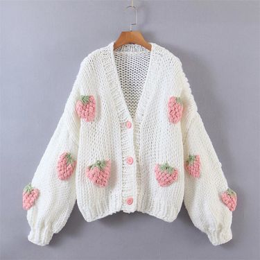 Women's Clothing new style mohair coarse knitted cardigan sweater female V neck lantern sleeve strawberry coat_voghion.com
