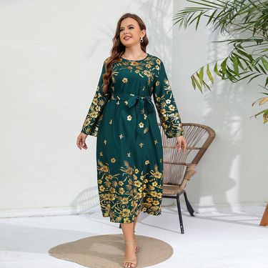 Women's loose plus size dress hot stamping long sleeve fat mm long dress_voghion.com