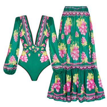 Women's Retro Printed Long Sleeve Swimsuit - Deep V Neck One-Piece Swimwear_voghion.com