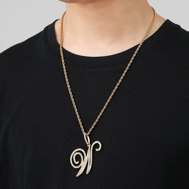 Full diamond hip hop jewelry, cursive letter pendant, melon seed buckle, Cuban chain accessories_voghion.com