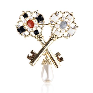 Korean fashion oil drop enamel double key alloy pearl brooch clothing accessories female pin brooch_voghion.com