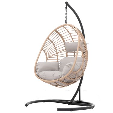 Outdoor Indoor Swing Egg Chair Natural color wicker with beige cushion_voghion.com