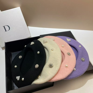 Hot Sale Rhinestones Pearls Wool Beret Women Winter Beanie French Painter Hat Versatile Girl's Berets Fashion Streetwear Cap_voghion.com