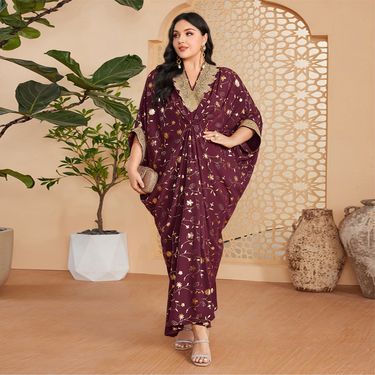 Women's Clothing KY1030 long skirt V neck hot stamping Muslim dress robe spot_voghion.com