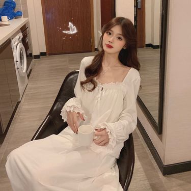 Princess style lace nightgown, women's spring and autumn sleeved 2020 new item, super fairy sweet long skirt, white_voghion.com