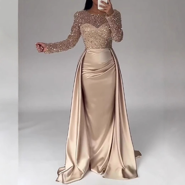 Women's Clothing Women's Banquet Long Sleeved Temperament Socialite Annual Meeting Host Aura Queen Sequined Evening Dress_voghion.com