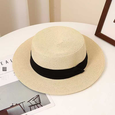 French Flat Top Straw Hat Summer Seaside Vacation Beach Hat Sun Protection Big Head Rim Retro Temperament Fashion Sun Hat_voghion.com