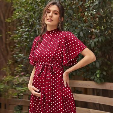 Fashionable and comfortable short sleeved polka dot chiffon maternity dress with straps_voghion.com