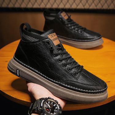 High top black leather shoes trend all match shoes men casual Booster shoes_voghion.com