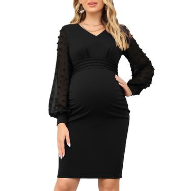 V-neck patchwork long sleeved maternity dress with pleated waist for pregnant women_voghion.com