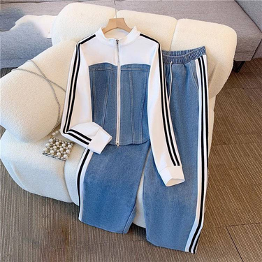 Women's Clothing Zipper Two Piece Long Sleeved Suit Spring And Autumn Denim Splicing Tops Wide Leg Trousers_voghion.com