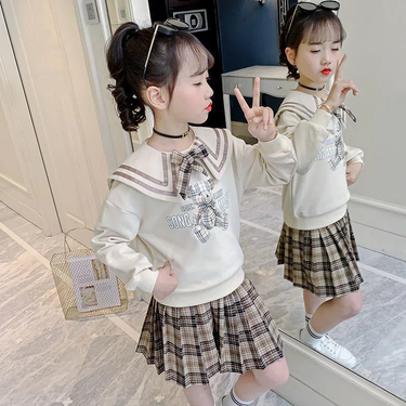 Girls' Spring and Autumn two-piece new college style, western-style autumn style set, big children's student doll neck_voghion.com