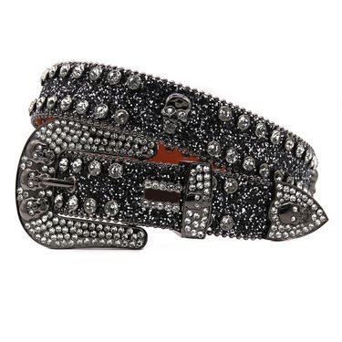 Skull head water men's diamond inlaid belt, women's zinc alloy needle buckle, personalized street fashion punk style_voghion.com