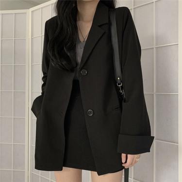 Women's Black suit for women in thin loose medium and long simple suit jacket cardigan cross-border women's clothing foreign trade wholesale_voghion.com
