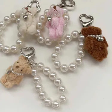 Cute Plush Teddy Bear Pearl Bag Womens Handbag Cell Phone Chain Keychain Pendant Heart-shaped Charm DIY Earphone Case_voghion.com