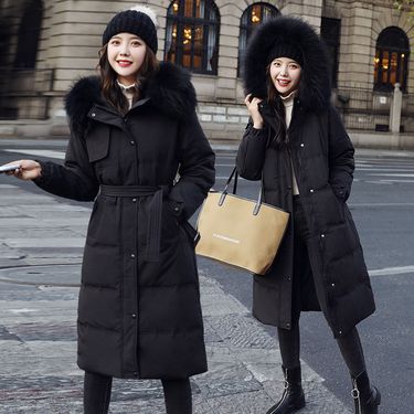Women's Clothing Plus Size Winter Parka Coat Long Hooded Down Jacket With Waist Belt, Warm Thickened Puffer Coat, Fashionable Slim Fit Outerwear_voghion.com