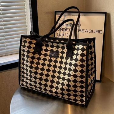 Large Capacity Women's Spring/Summer Fashion Advanced Shoulder Plaid Versatile Tote Canvas Handbag Mommy Bag_voghion.com