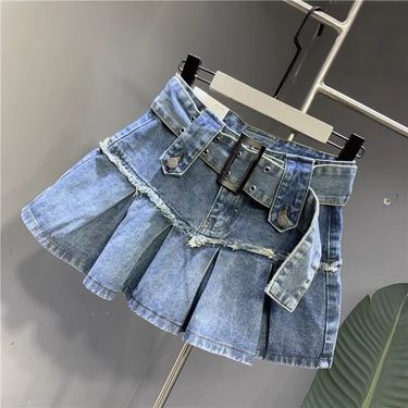 Light Blue Sweet Spicy Pleated Denim Skirt, Summer New Item, Short And Tall Figure Half Length Skirt_voghion.com