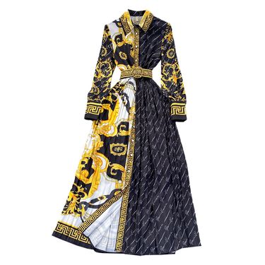 Women's clothing temperament long sleeve lapel waist slim print single breasted dress elegant temperament long skirt_voghion.com