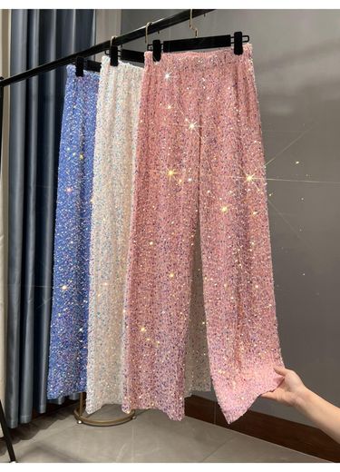 Women's Clothing new velvet sequined wide leg pants, lengthened drape, slim fitting floor length pants, shiny casual straight pants for women_voghion.com