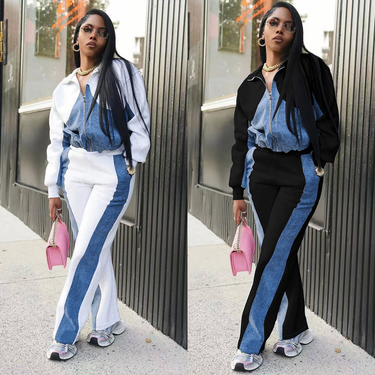 Women's Clothing autumn and winter new women's denim patchwork suit jacket trousers two piece suit_voghion.com