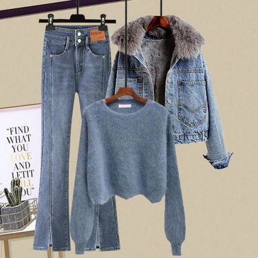 Women's Clothing Plus Size Women's Autumn And Winter Suits 2024 New Thickened Coats Women's Versatile Knitted Sweaters Jeans Three Piece Suits_voghion.com