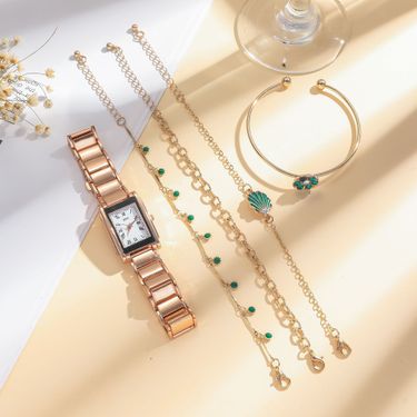 Women's Fashion Square Intergold Steel Quartz Watch With Calibration Green Small Flower Bracelet Jewelry Set_voghion.com
