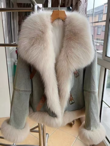 Women's Clothing Design Fur Collar Blue Denim Jacket For Women Velvet Thickened Down Cotton Warm Fur Plush Coat_voghion.com