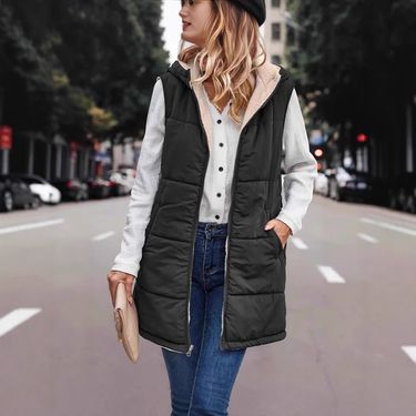 Women's Clothing Solid Color Hooded Cotton Vest Double Sided Slim Vest Plus Velvet Thick Top_voghion.com
