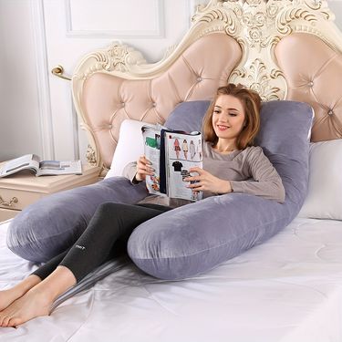 U-Shaped Maternity Pillow With Removable Cover - Full-Body Support For Side Sleeping, Dark Blue Polyester Fiber, Ergonomic Design For Pregnant Women_voghion.com