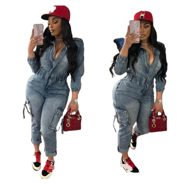 Women's Clothing fashion washed high elastic long sleeved jumpsuit_voghion.com