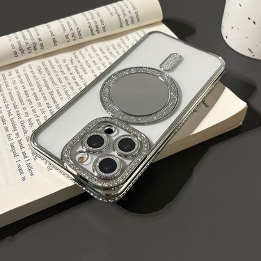 Glitter Magnetic Make Up Mirror Phone Case For iPhone 16 15 11 12 13 14 Pro Max Shiny Diamond Plating Clear Protective Cover_voghion.com