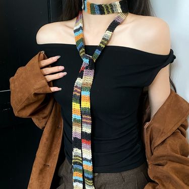 Colorful Niche Knitted Thin Scarf For Women Summer Haruku Style Fashionable Versatile Narrow Neck Warmer_voghion.com